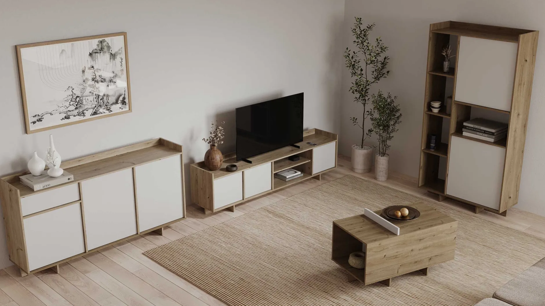 Leda TV-Schrank - 183x36x50cm - 3 Türen - weiß/Eiche Dekor