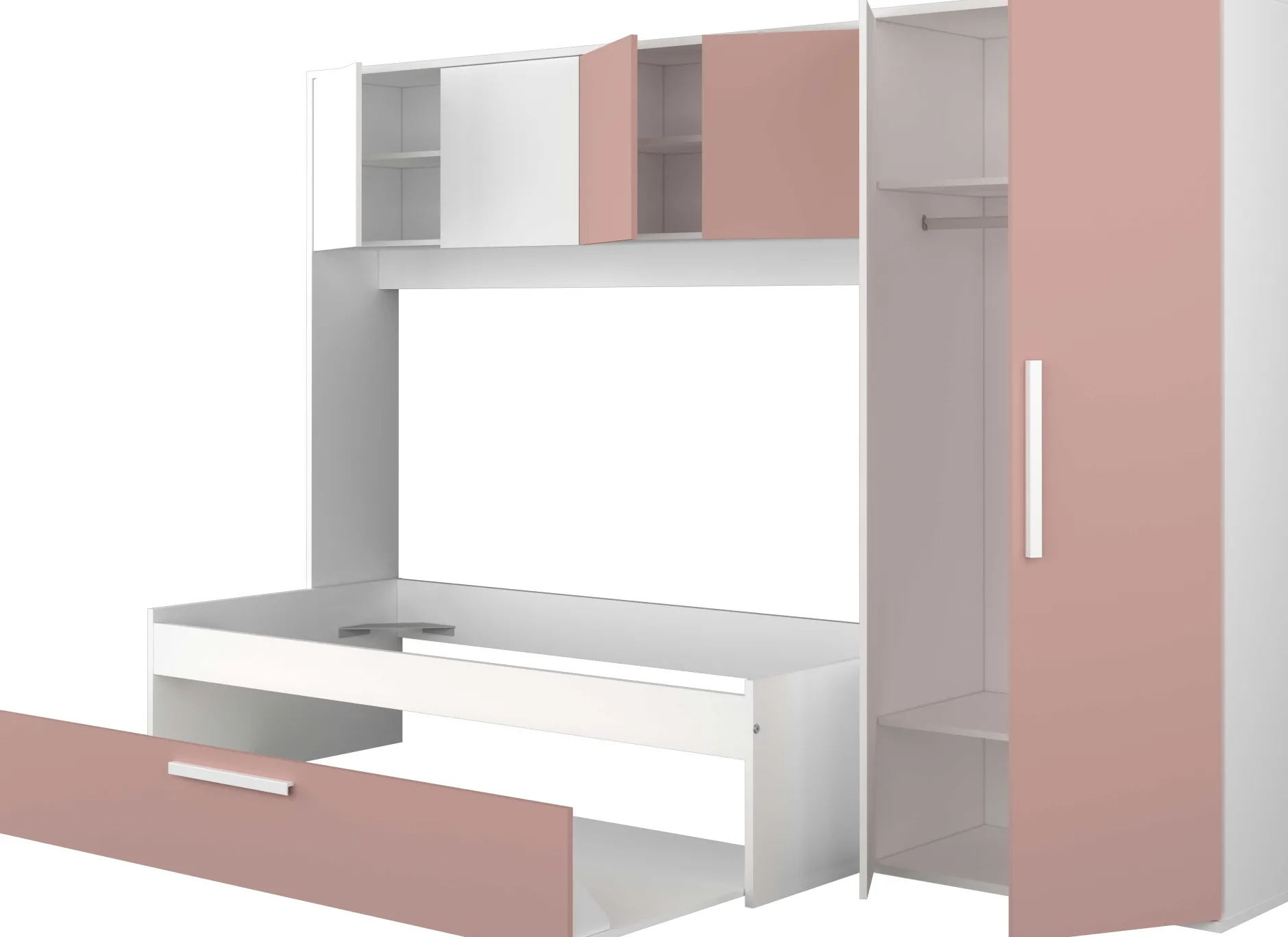 LevBett mit Bettbrücke und Bettkasten -rosa/weiß