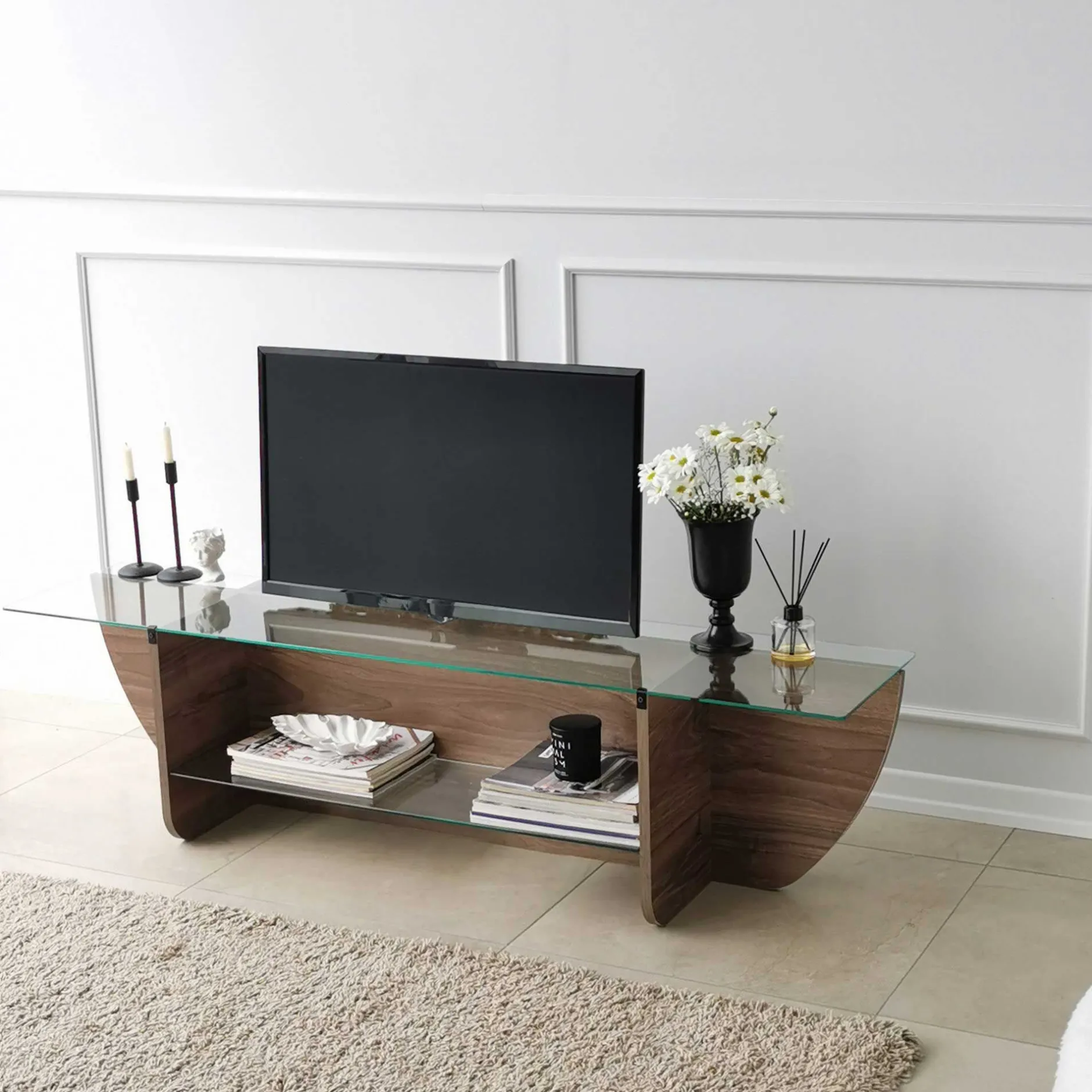 Lily TV TV-Ständer | GEHÄRTETES GLAS | Walnuss
