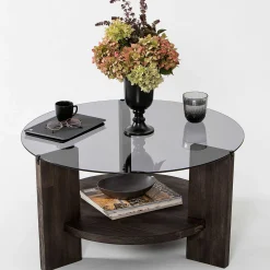 Locelso Couchtisch | 100% gehärtetes Glas | Gestell aus Kiefernholz | Anthrazit Dunkelbraun