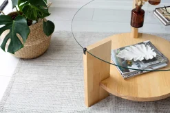 Locelso Couchtisch | 100% gehärtetes Glas | Gestell aus massiver Kiefer | Farbe Eiche
