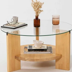 Locelso Couchtisch | 100% gehärtetes Glas | Gestell aus massiver Kiefer | Farbe Eiche