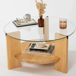 Locelso Couchtisch | 100% gehärtetes Glas | Gestell aus massiver Kiefer | Farbe Eiche