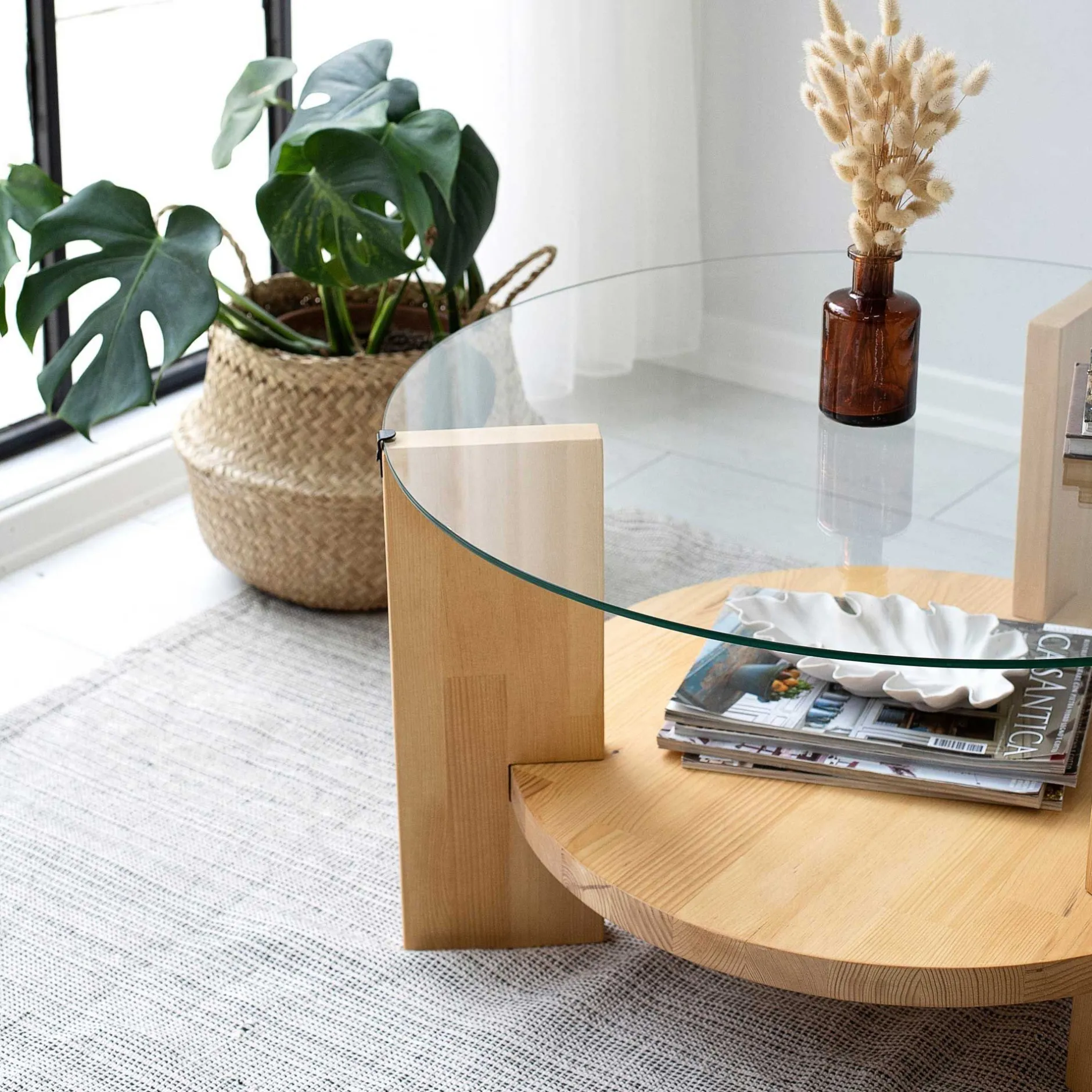 Locelso Couchtisch | 100% gehärtetes Glas | Gestell aus massiver Kiefer | Farbe Eiche