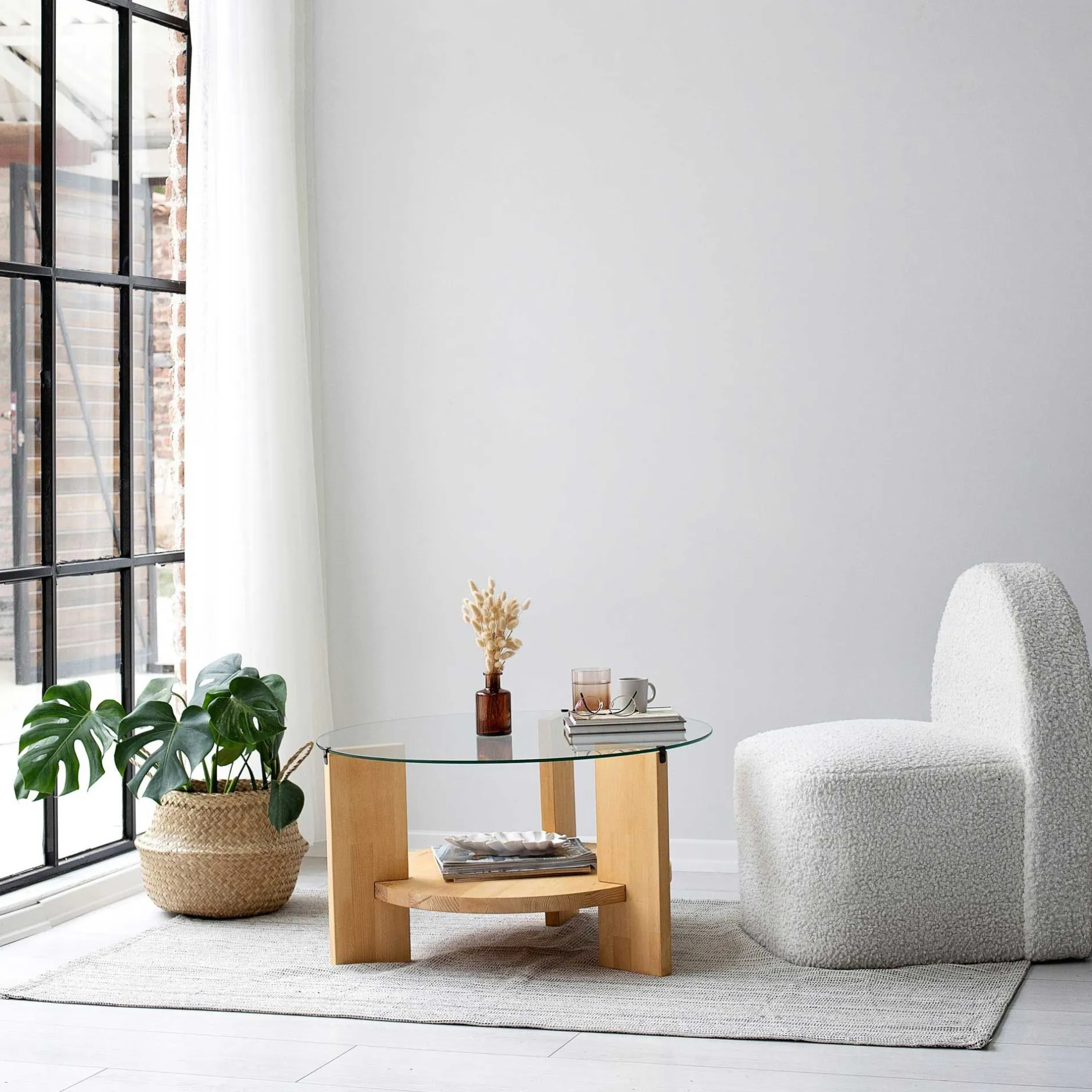 Locelso Couchtisch | 100% gehärtetes Glas | Gestell aus massiver Kiefer | Farbe Eiche