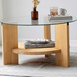 Locelso Couchtisch | 100% gehärtetes Glas | Gestell aus massiver Kiefer | Farbe Eiche