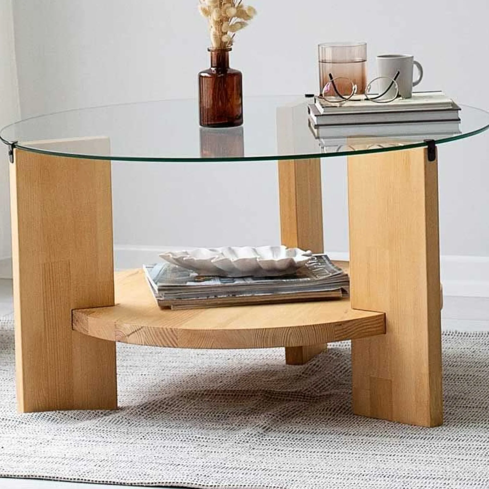 Locelso Couchtisch | 100% gehärtetes Glas | Gestell aus massiver Kiefer | Farbe Eiche