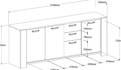 London Kommode-220cm-3 Flügeltüren, 3 Schubladen, 2 Einlegeböden - Eiche/dunkelgrau