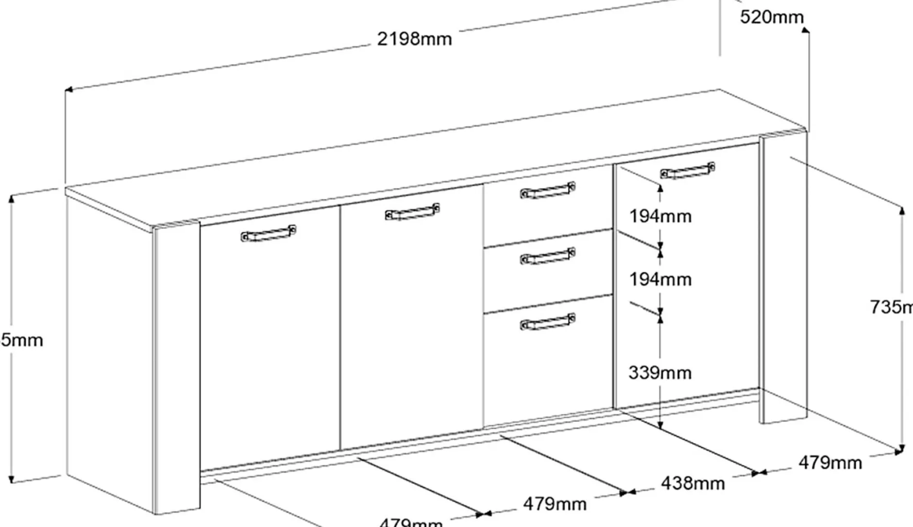 London Kommode-220cm-3 Flügeltüren, 3 Schubladen, 2 Einlegeböden - Eiche/dunkelgrau