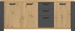 London Kommode-220cm-3 Flügeltüren, 3 Schubladen, 2 Einlegeböden - Eiche/dunkelgrau