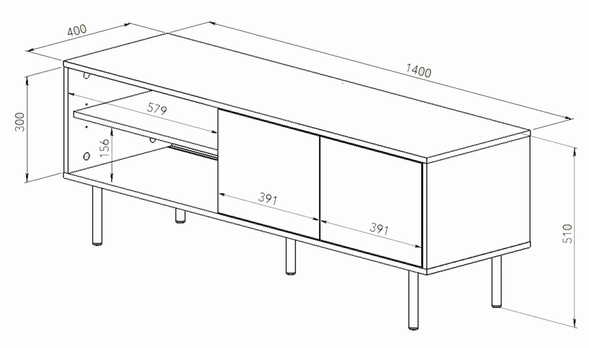 Loreen TV-Schrank 2 Flügeltüren und 2 offene Fächer - Eiche hell/schwarz