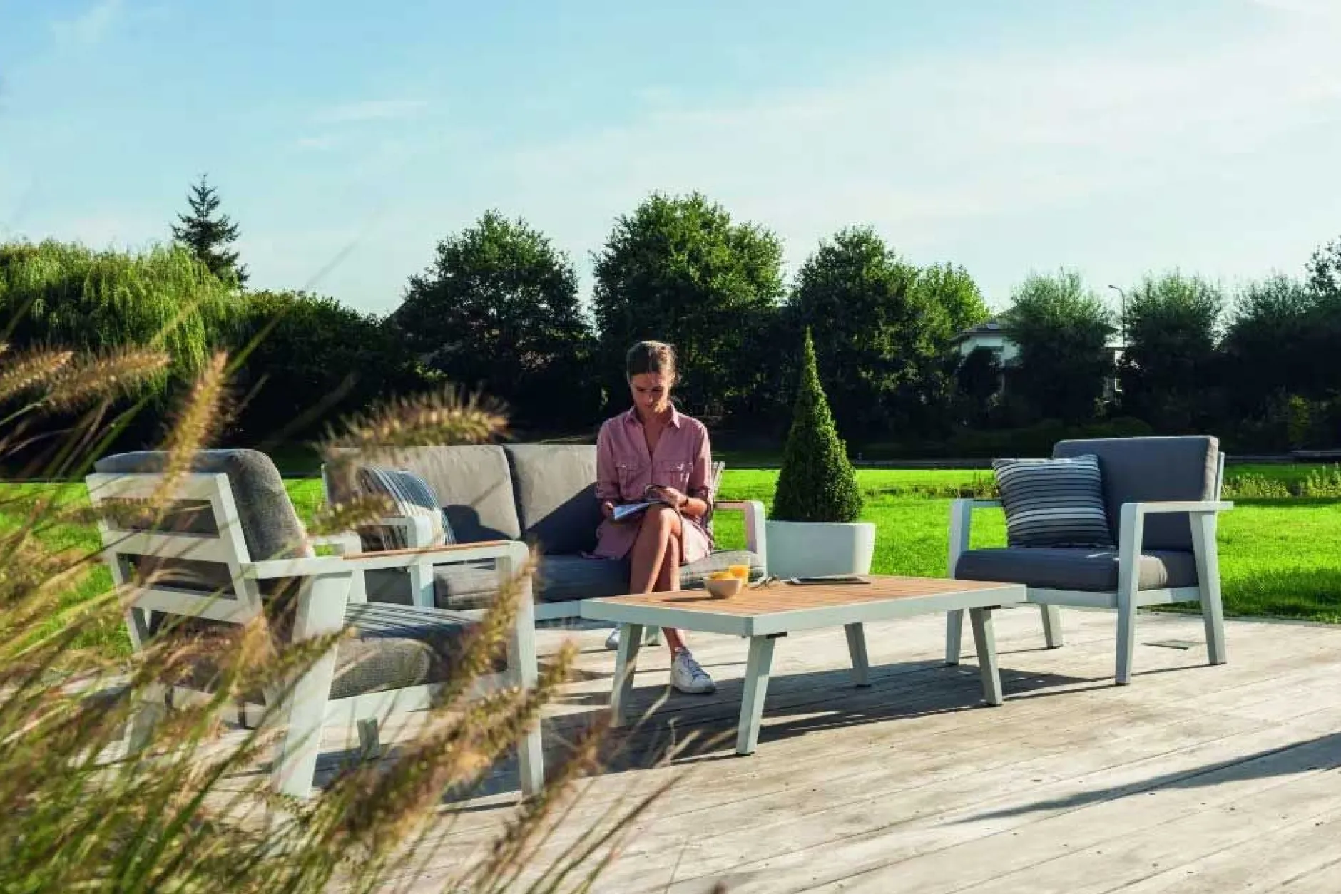 Lounge-Set Guadeloupe Gescova - Aluminium Weiß, Teakholz - 150x70x83 cm - Grau