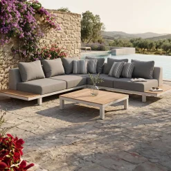Lounge-Set Hawaii Zweisitziges Sofa Eckelement Couchtisch Gescova - Aluminium Teakholz - Grau Weiß