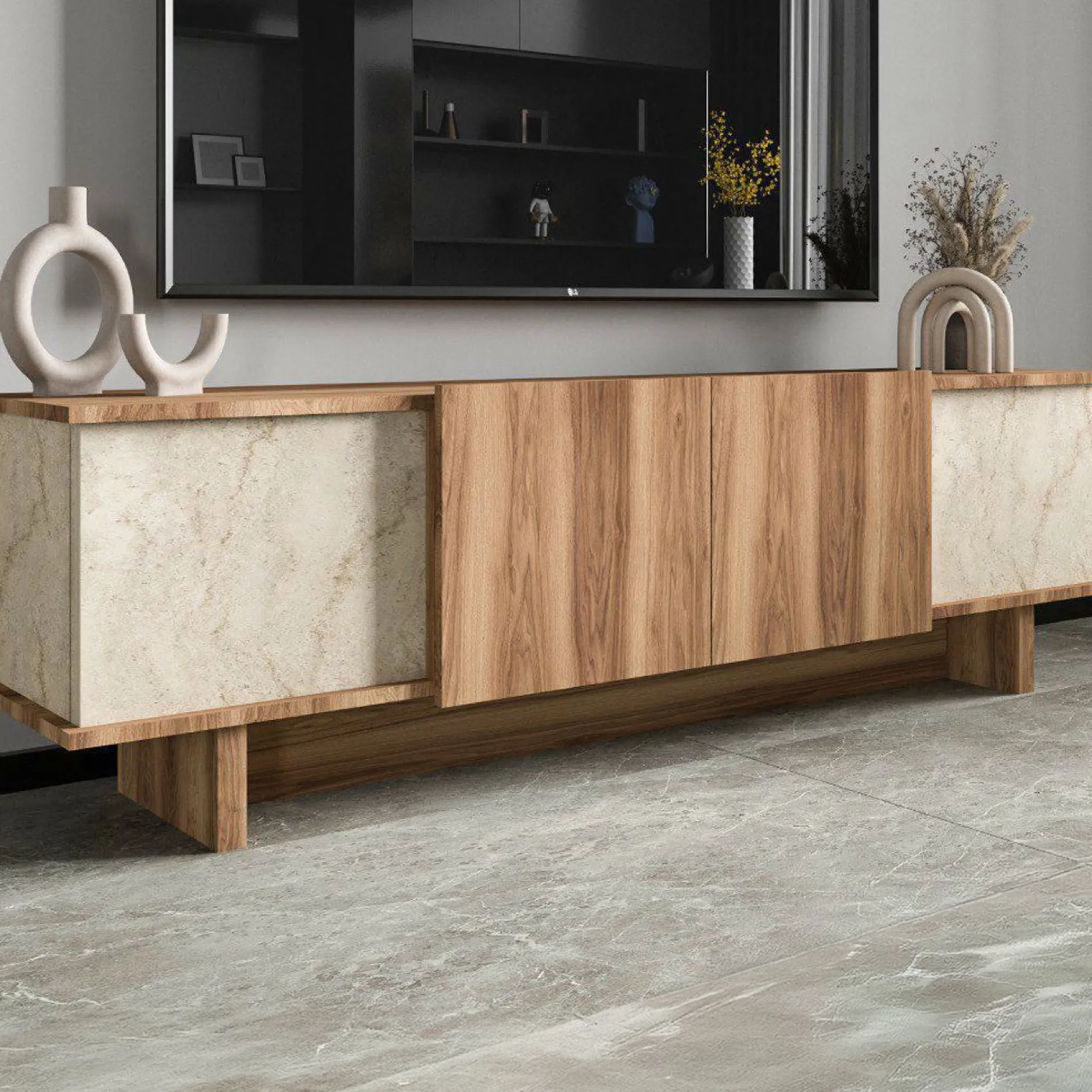 Lowboard Diana - 100% MELAMINE - Travertin - 180 x 50 x 33 cm