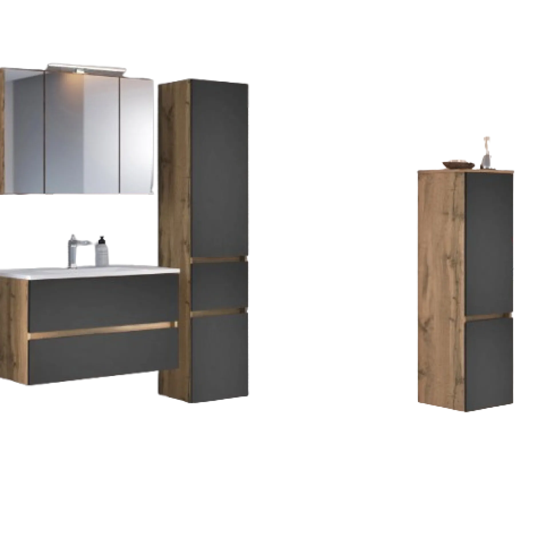 LunaBadezimmer : Spiegelschrank, Waschbeckenschrank, 2x Säulenschrank - Anthrazit/Eiche