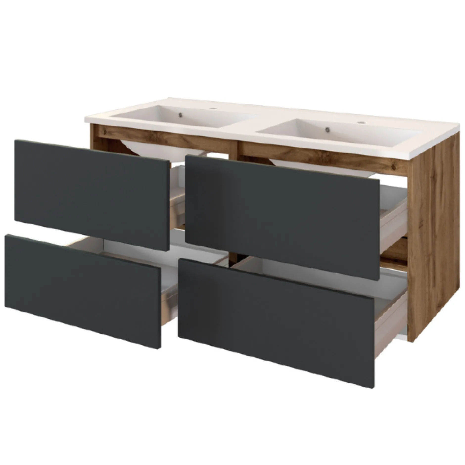 LunaBadezimmer : Spiegelschrank, Doppelwaschbecken, 2x Säulenschrank - Anthrazit/Eiche