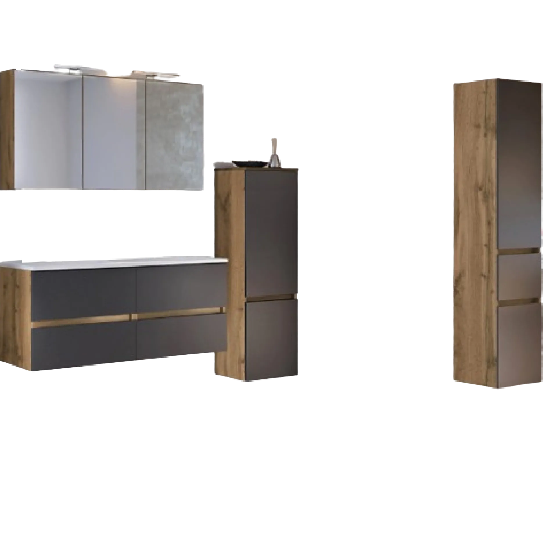 LunaBadezimmer : Spiegelschrank, Doppelwaschbecken, 2x Säulenschrank - Anthrazit/Eiche