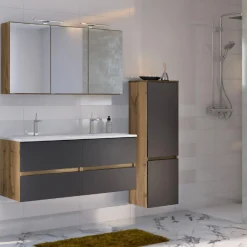 LunaBadezimmer : Spiegelschrank, Doppelwaschbecken, Säulenschrank - anthrazit/ocker