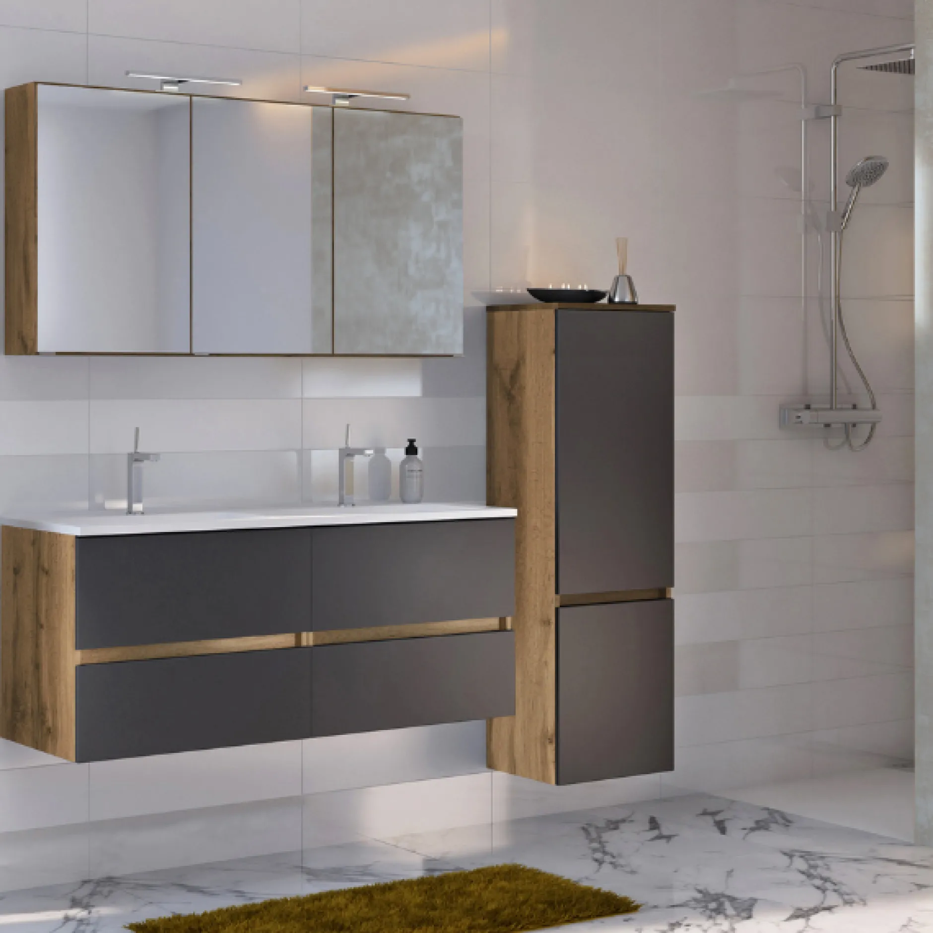 LunaBadezimmer : Spiegelschrank, Doppelwaschbecken, Säulenschrank - anthrazit/ocker