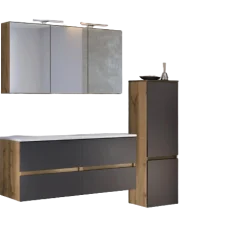 LunaBadezimmer : Spiegelschrank, Doppelwaschbecken, Säulenschrank - anthrazit/ocker