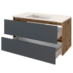 LunaBadezimmer : Spiegelschrank, Waschbeckenschrank, 2x Säulenschrank - Anthrazit/Eiche