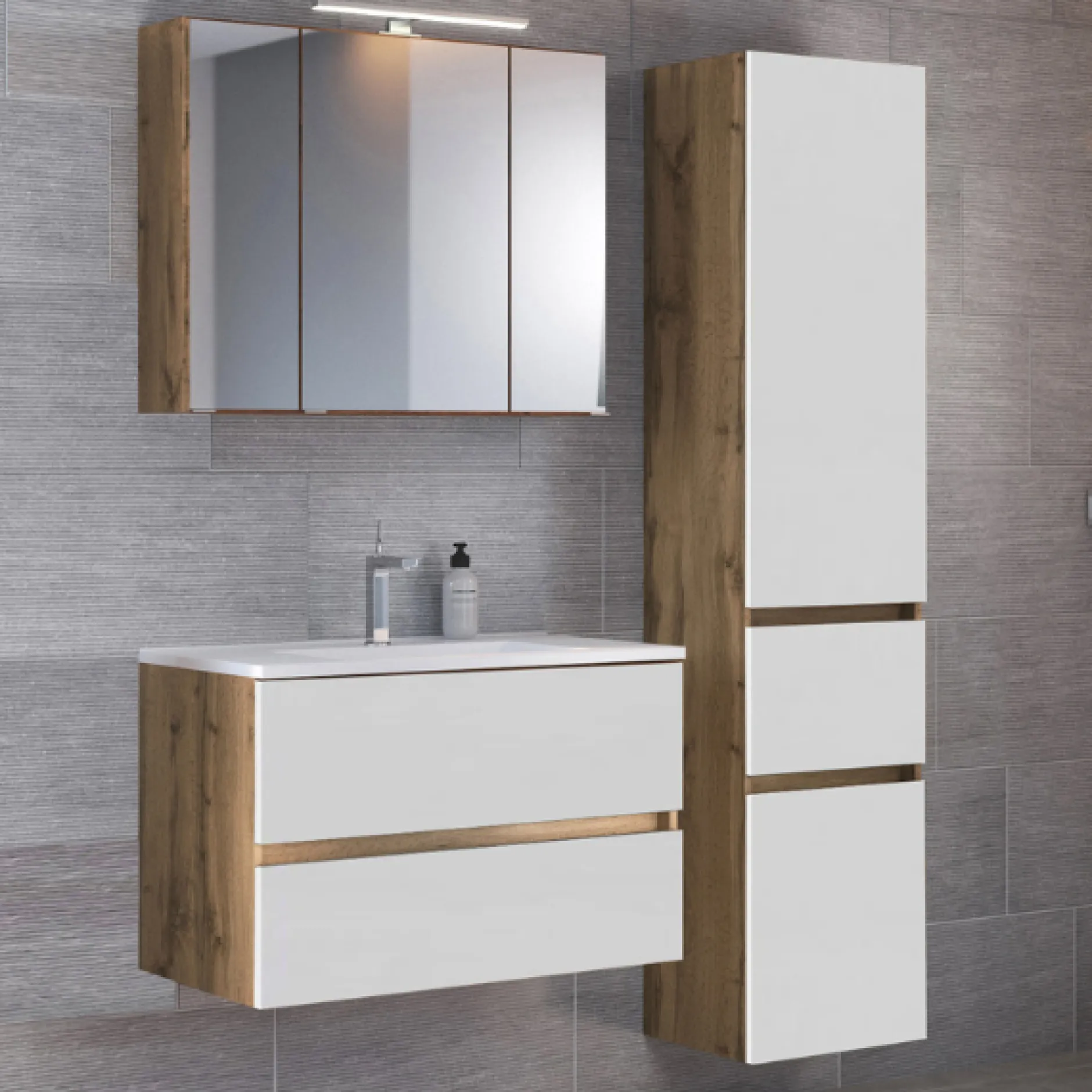 LunaBadezimmer : Spiegelschrank, Waschbeckenschrank, Säulenschrank - Weiß/Eiche Dekor