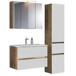 LunaBadezimmer : Spiegelschrank, Waschbeckenschrank, Säulenschrank - Weiß/Eiche Dekor