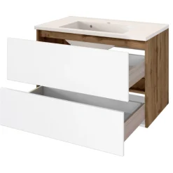 LunaBadezimmer : Spiegelschrank, Waschbeckenschrank, Säulenschrank - Weiß/Eiche Dekor