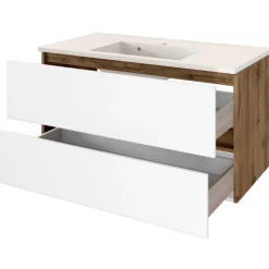 LunaBadezimmer : Spiegelschrank, Waschbeckenschrank, Säulenschrank - Weiß/Eiche Dekor