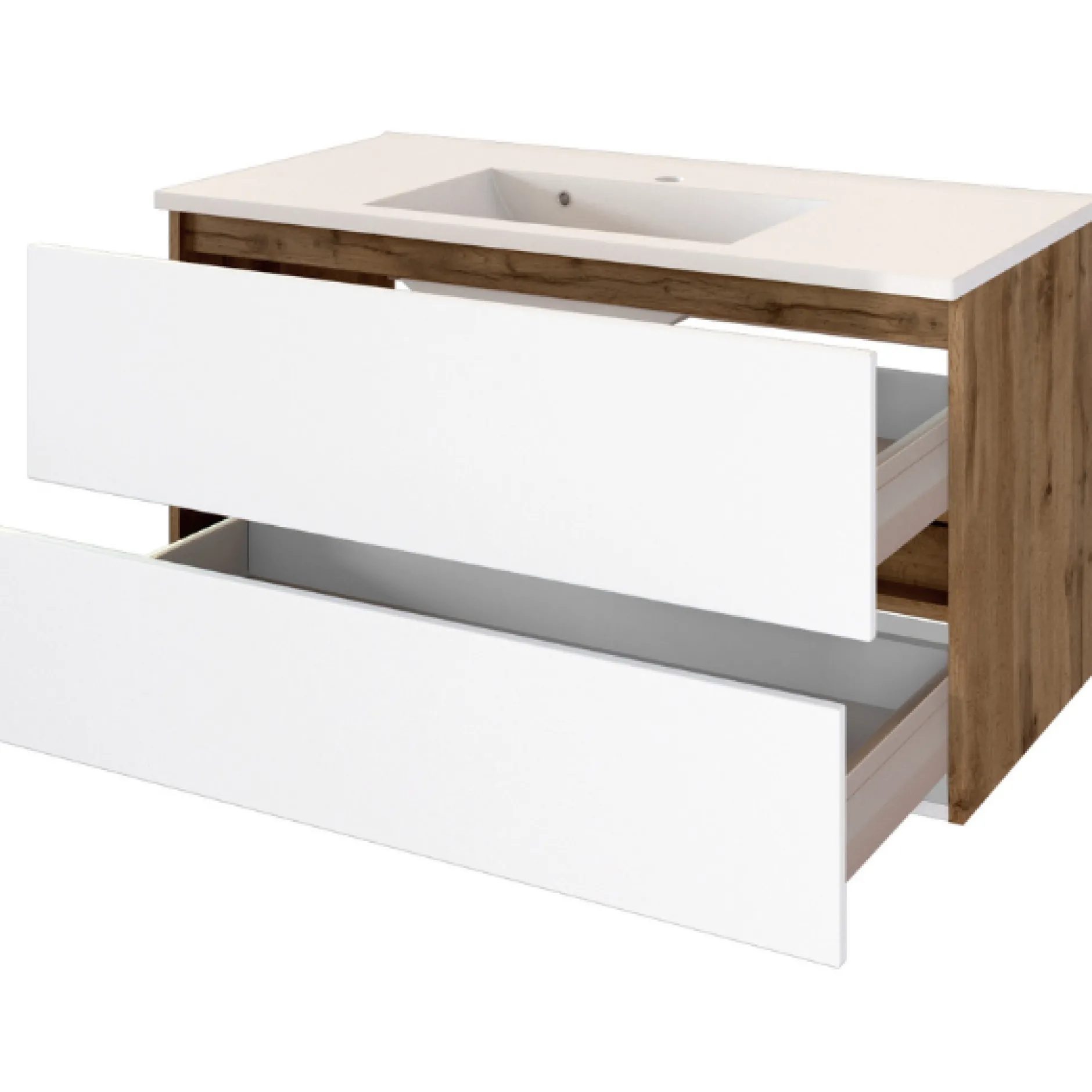 LunaBadezimmer : Spiegelschrank, Waschbeckenschrank, Säulenschrank - Weiß/Eiche Dekor