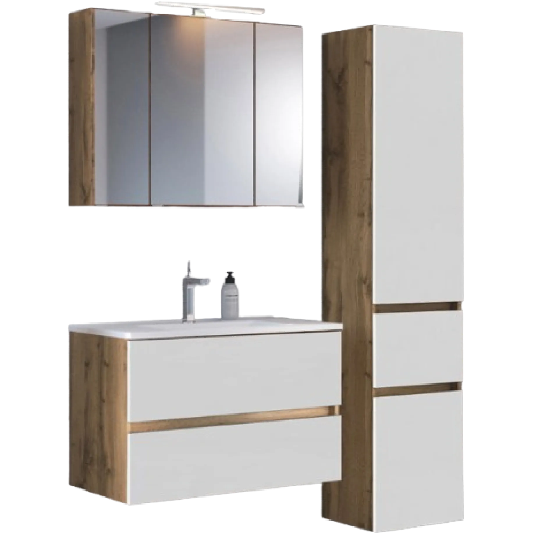 LunaBadezimmer : Spiegelschrank, Waschbeckenschrank, Säulenschrank - Weiß/Eiche Dekor