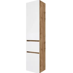 LunaBadezimmer : Spiegelschrank, Waschbeckenschrank, Säulenschrank - Weiß/Eiche Dekor
