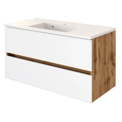 LunaBadezimmer : Spiegelschrank, Waschbeckenschrank, Säulenschrank - Weiß/Eiche Dekor
