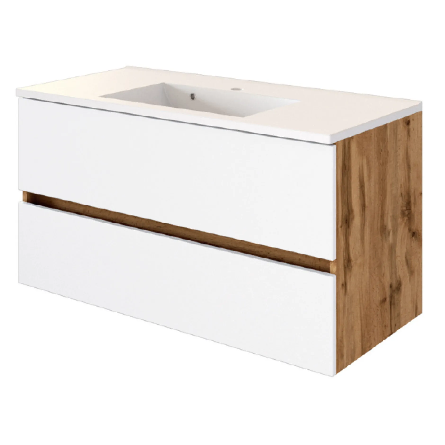 LunaBadezimmer : Spiegelschrank, Waschbeckenschrank, Säulenschrank - Weiß/Eiche Dekor