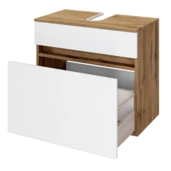LunaBadezimmer : Spiegelschrank, Waschbeckenunterschrank, Säulenschrank - Weiß/Eiche Dekor
