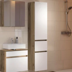 LunaBadezimmer : Spiegelschrank, Waschbeckenunterschrank, Säulenschrank - Weiß/Eiche Dekor