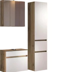 LunaBadezimmer : Spiegelschrank, Waschbeckenunterschrank, Säulenschrank - Weiß/Eiche Dekor