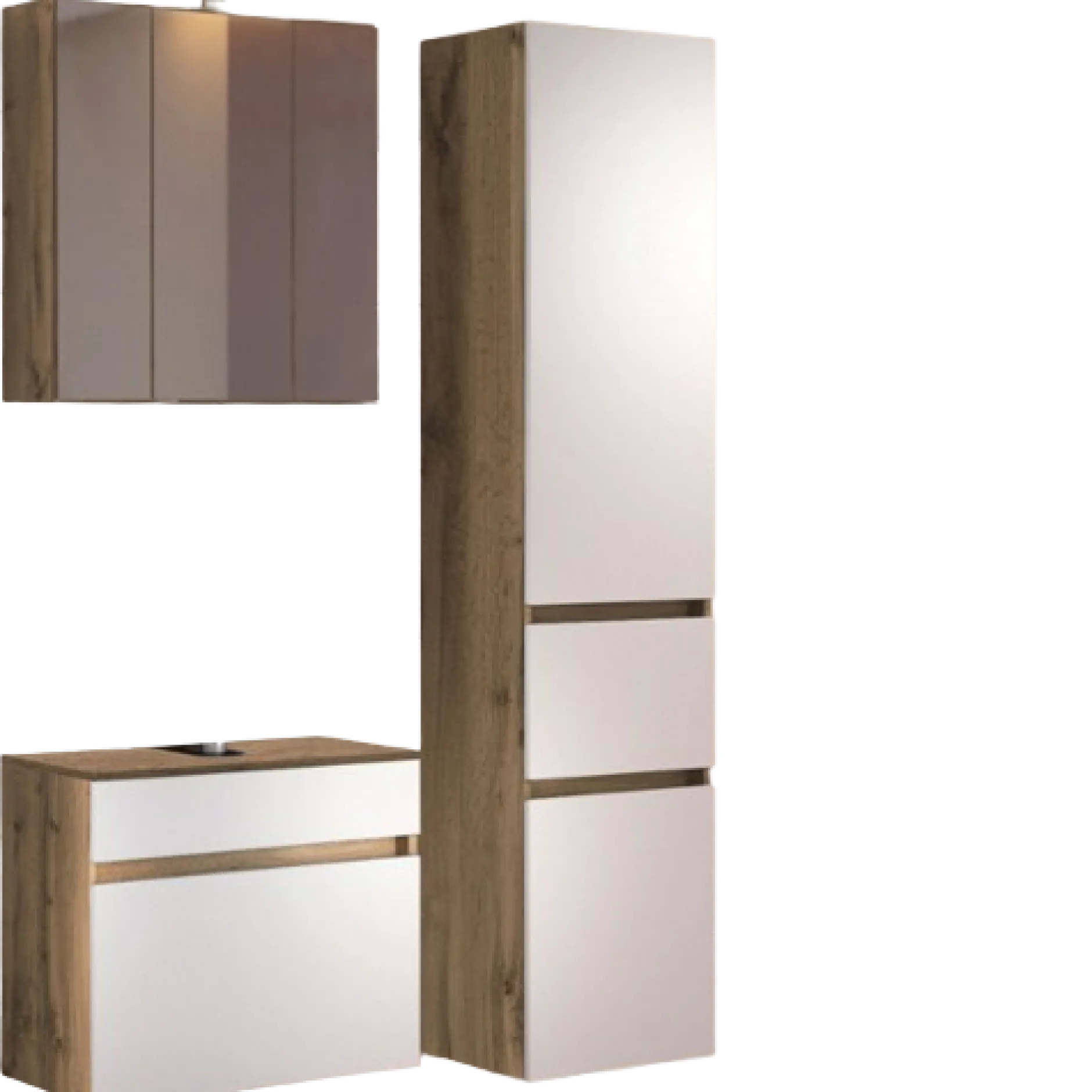 LunaBadezimmer : Spiegelschrank, Waschbeckenunterschrank, Säulenschrank - Weiß/Eiche Dekor
