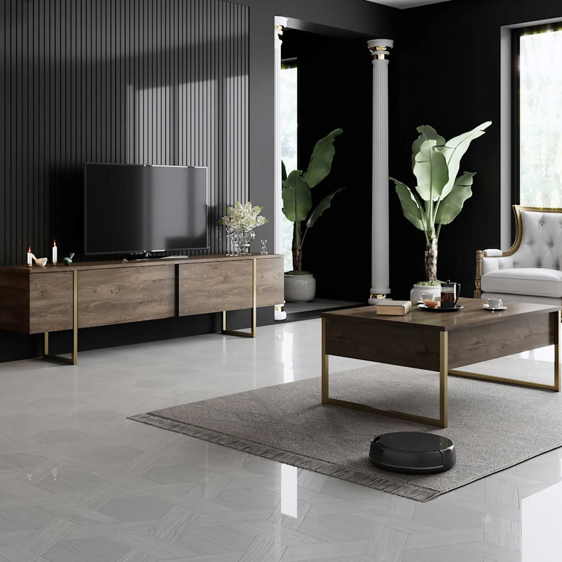 Luxe C Couchtisch | 100 % MELAMIN | Walnuss, Gold