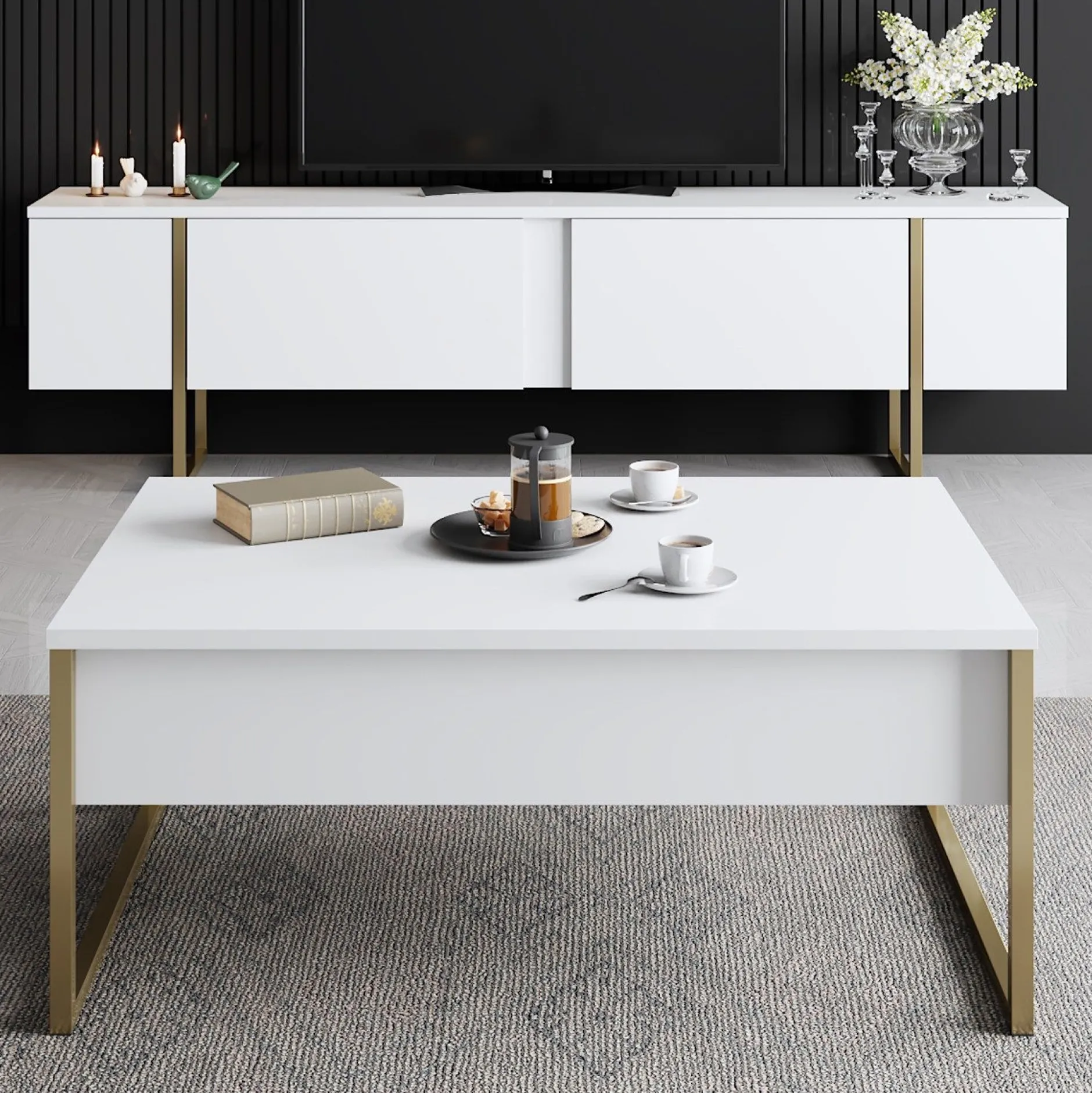 Luxe C Couchtisch | 100 % MELAMIN | Weiß, Gold