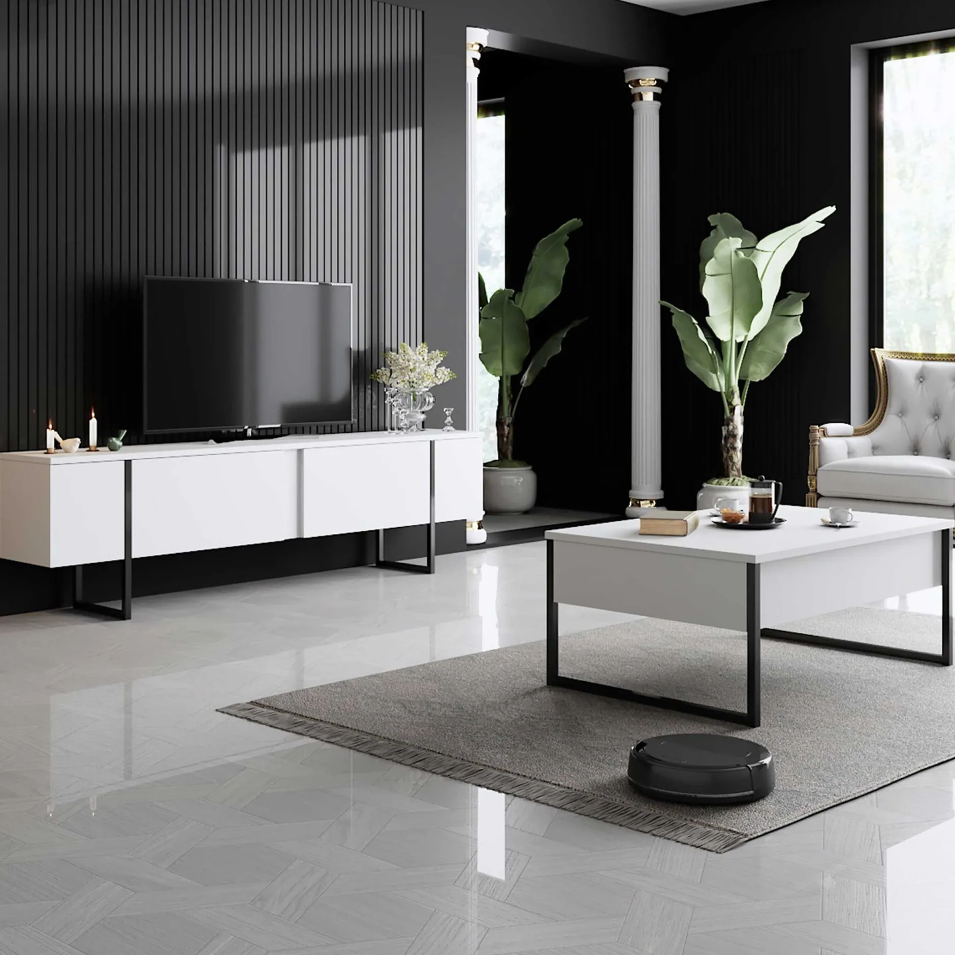 Luxe C Couchtisch | 100 % MELAMIN | Weiß, Schwarz