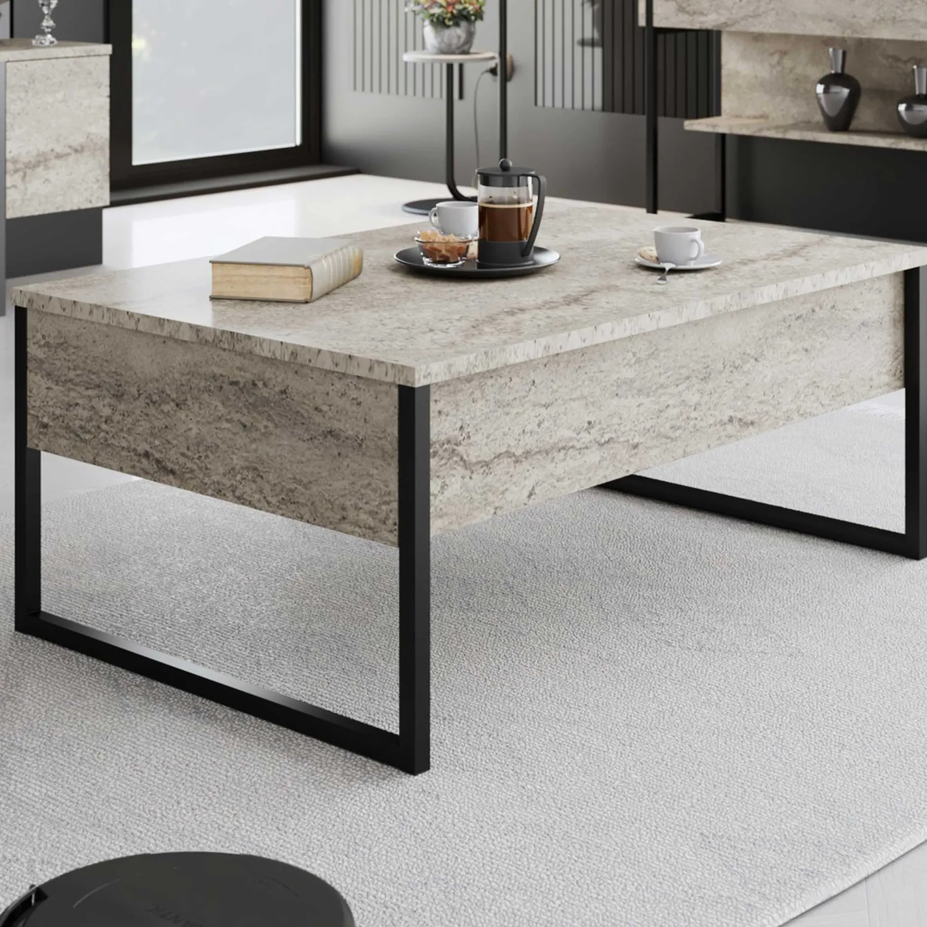 Luxe Couchtisch | 100 % MELAMIN | Travertin, Schwarz