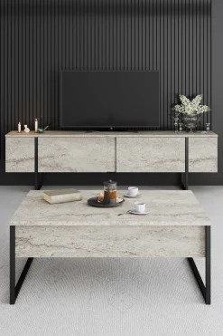 Luxe Couchtisch | 100 % MELAMIN | Travertin, Schwarz