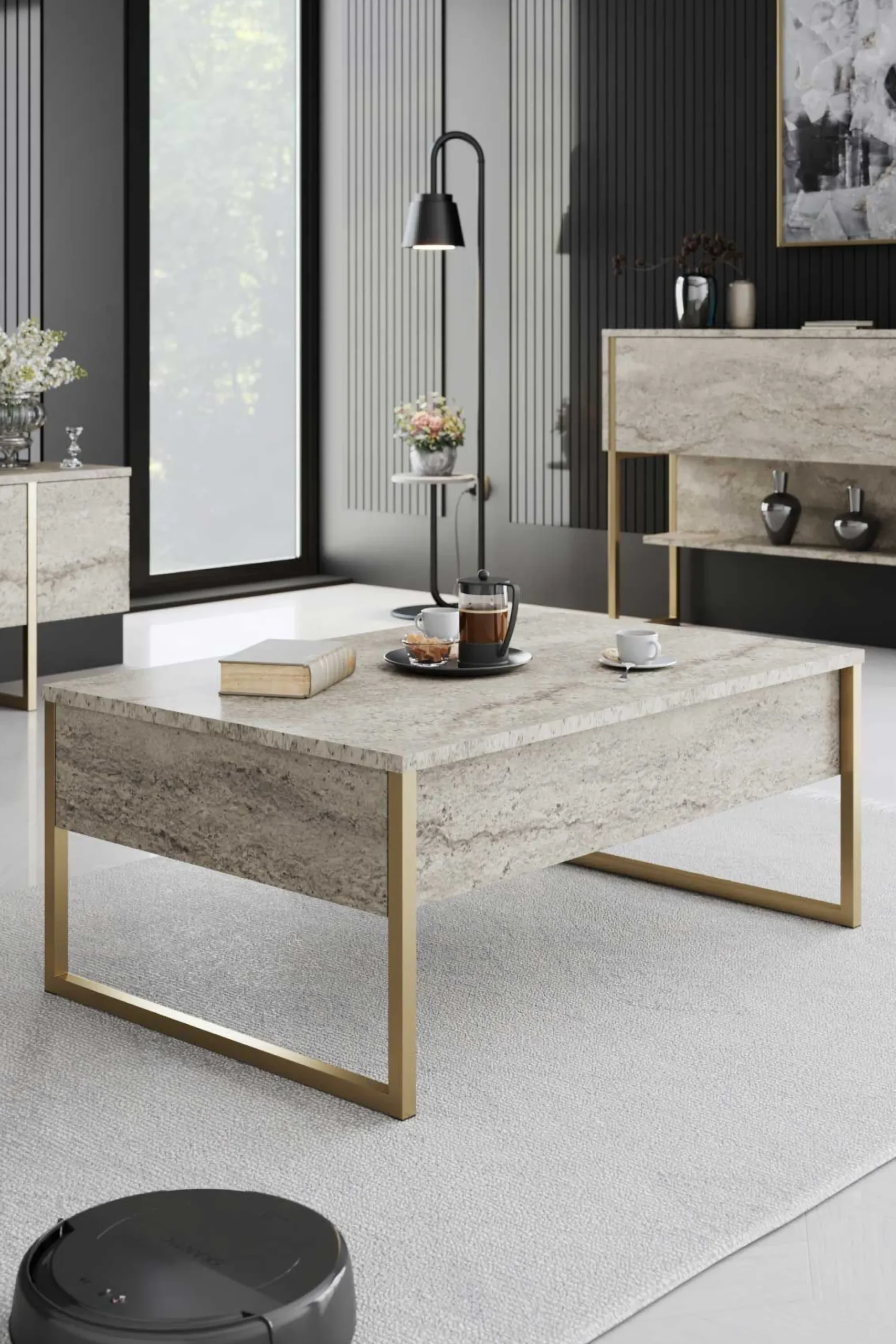 Luxe Couchtisch | 100 % MELAMIN | Travertin, Gold