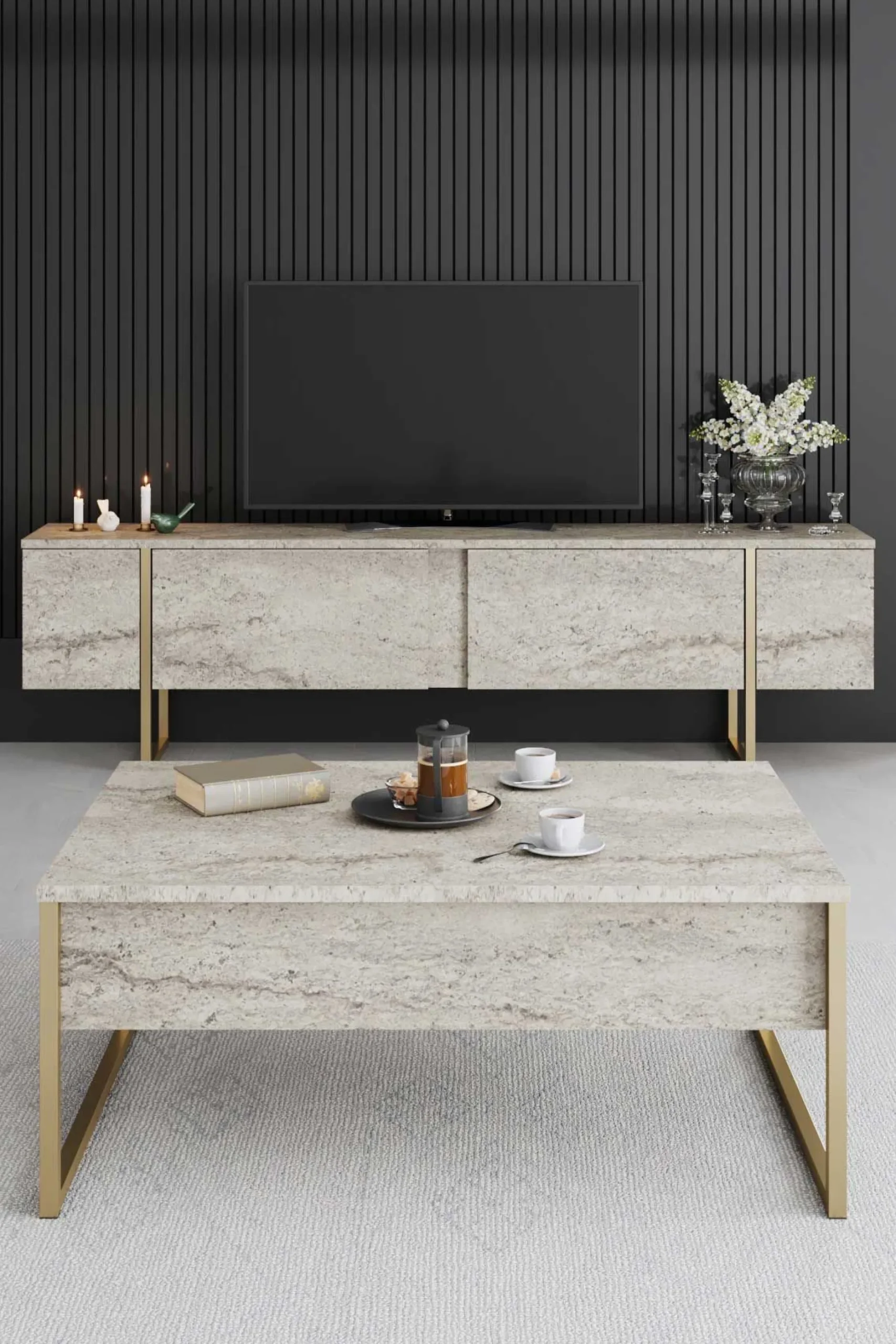 Luxe Couchtisch | 100 % MELAMIN | Travertin, Gold