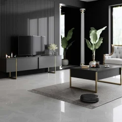 Luxe T TV-Ständer | 100 % MELAMIN | Anthrazit, Gold