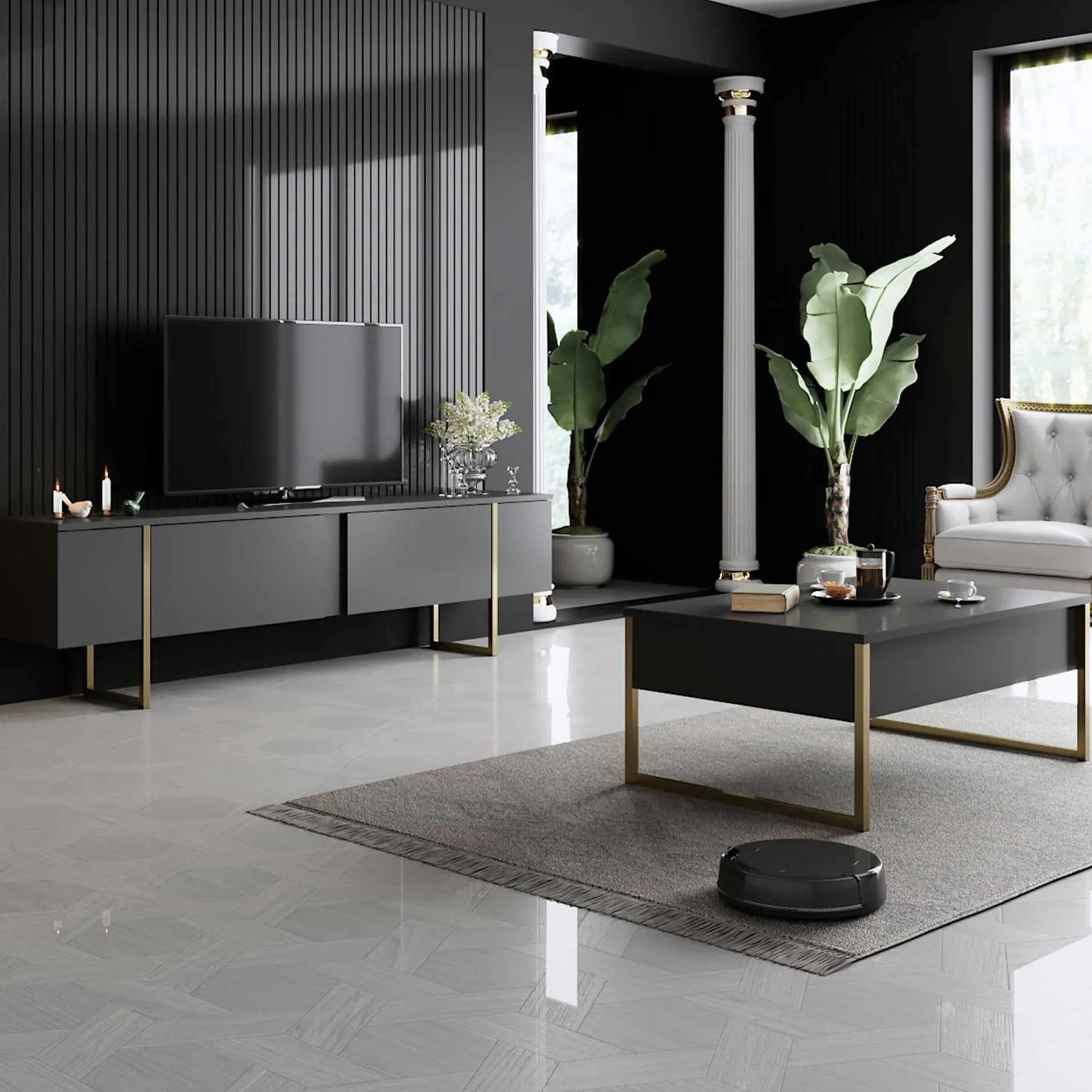 Luxe T TV-Ständer | 100 % MELAMIN | Anthrazit, Gold