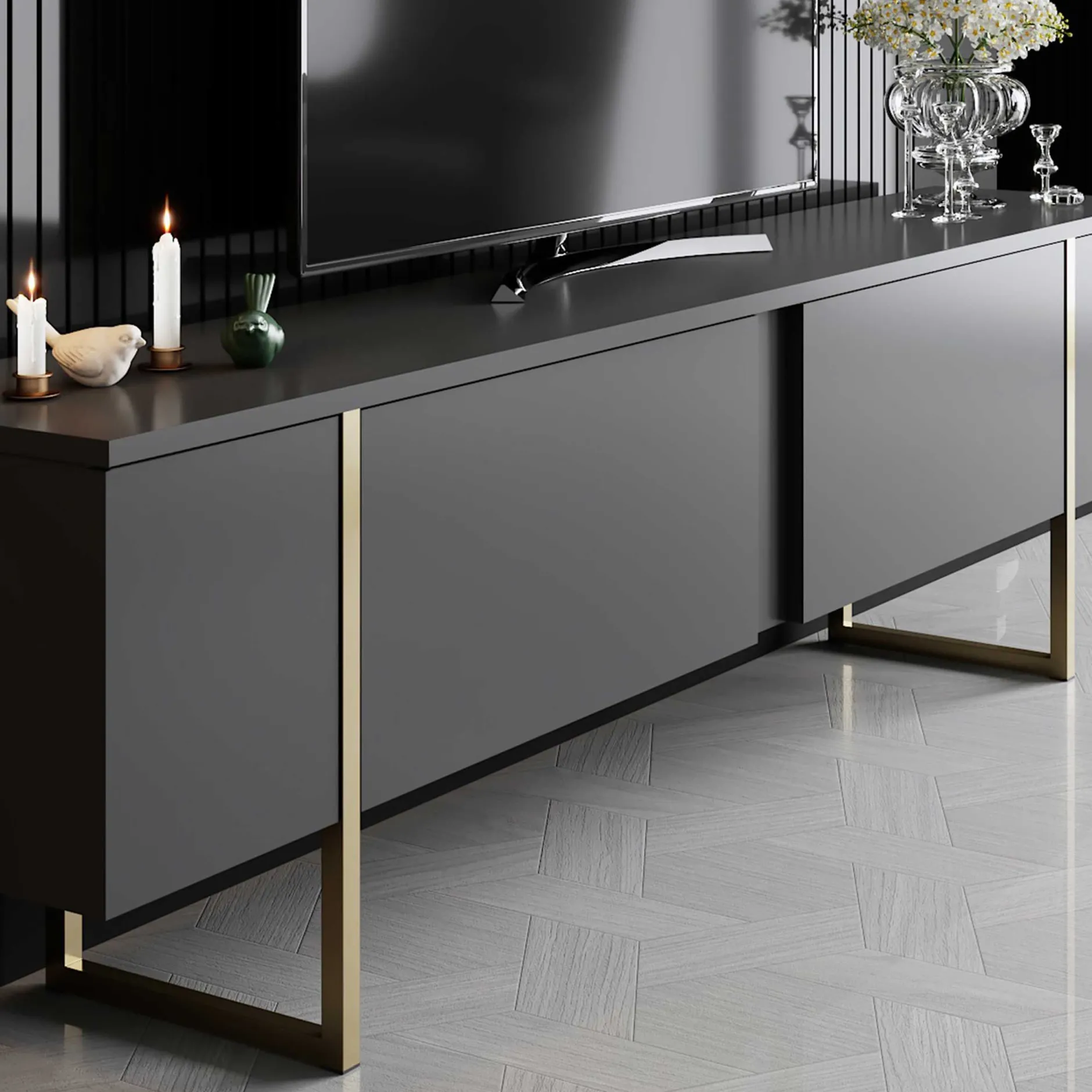 Luxe T TV-Ständer | 100 % MELAMIN | Anthrazit, Gold