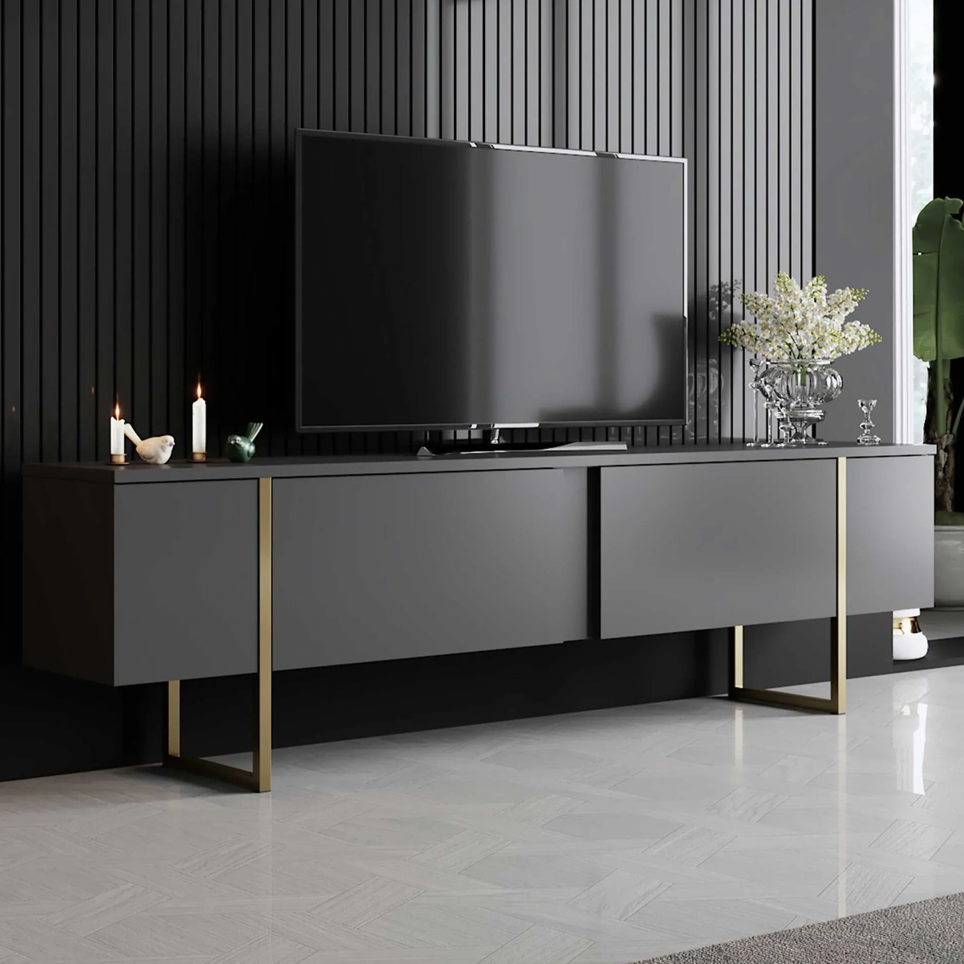 Luxe T TV-Ständer | 100 % MELAMIN | Anthrazit, Gold