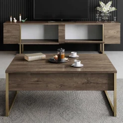 Luxe T TV-Ständer | 100 % MELAMIN | Walnuss, Gold